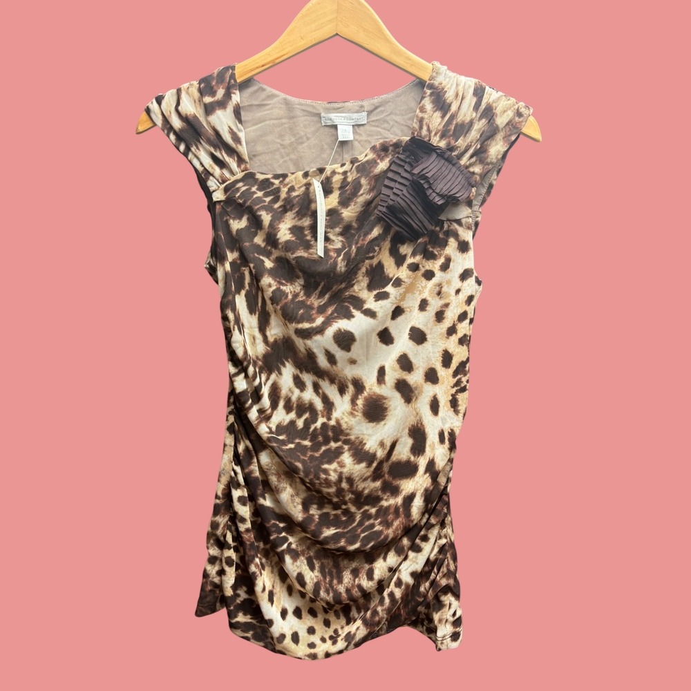 New York & Company Leopard Print Ruched Mesh Top Brown Small NWT